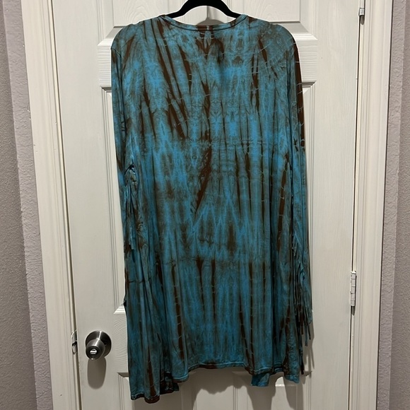 Blue Buttercup/  Cowboy Fringe, Tie Dye Long Cardigan size L Turquoise. - Picture 7 of 7